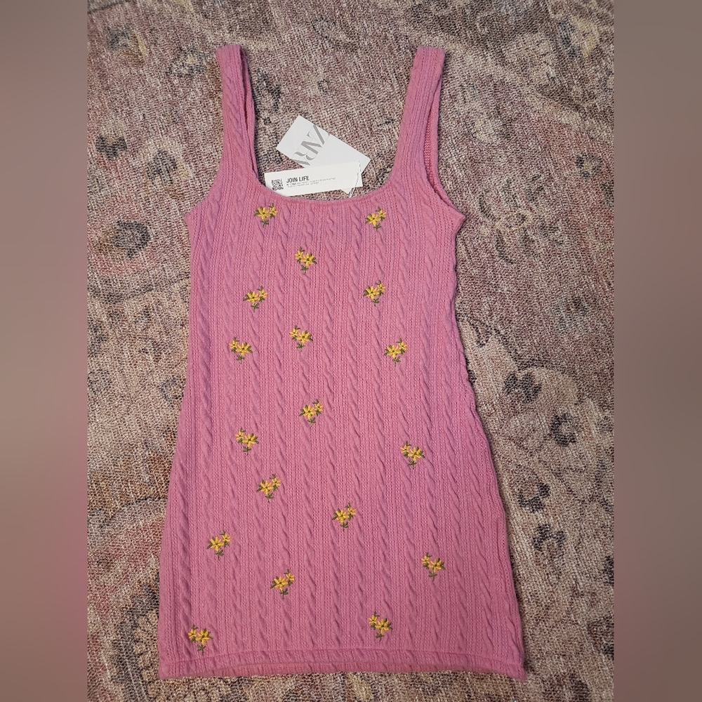 ZARA Floral Embroidery Cable Knit Mini Tank Dress - Picture 2 of 9